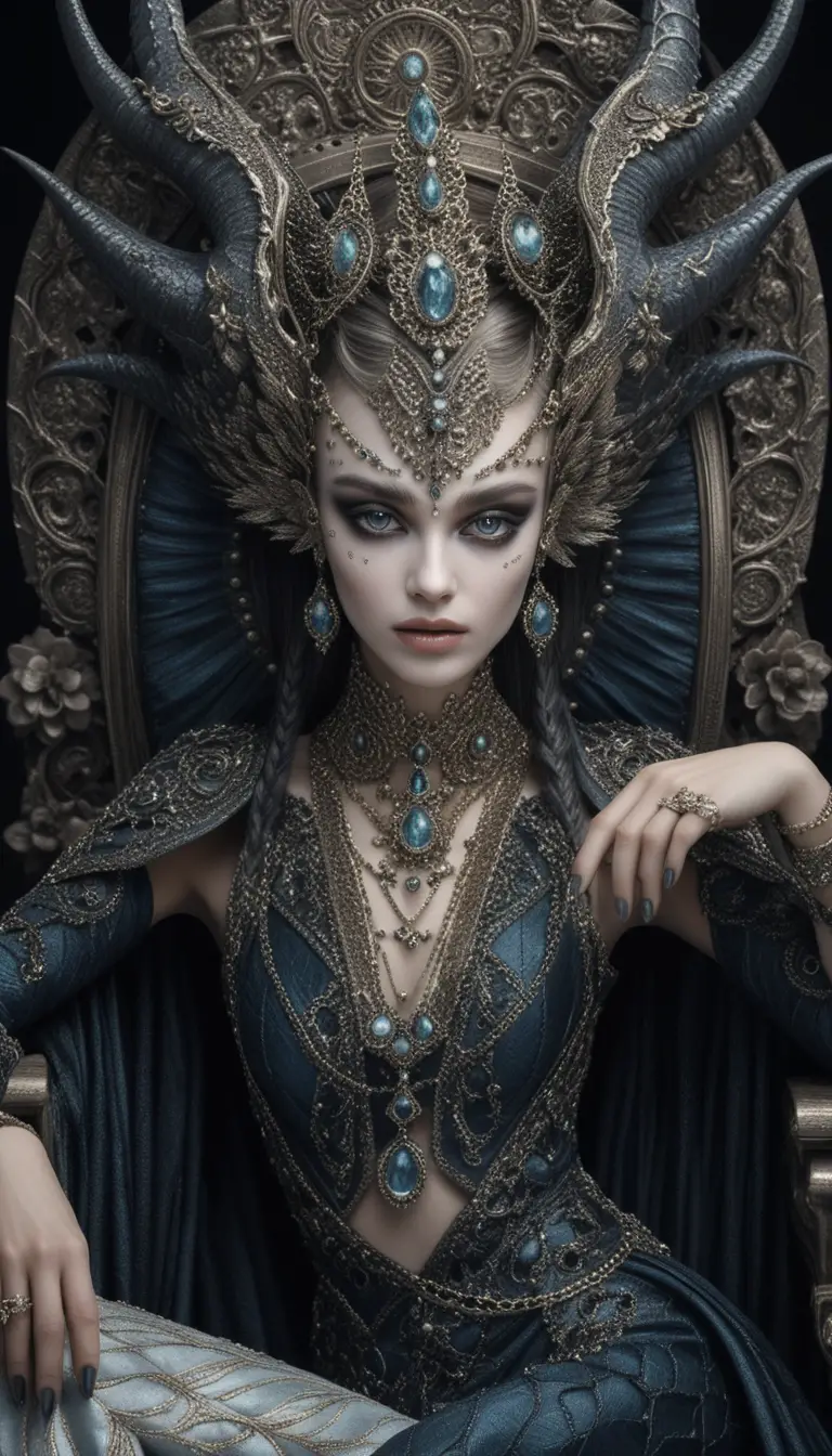 Rainha demoníaca em trono barroco com coroa de dragão com chifres