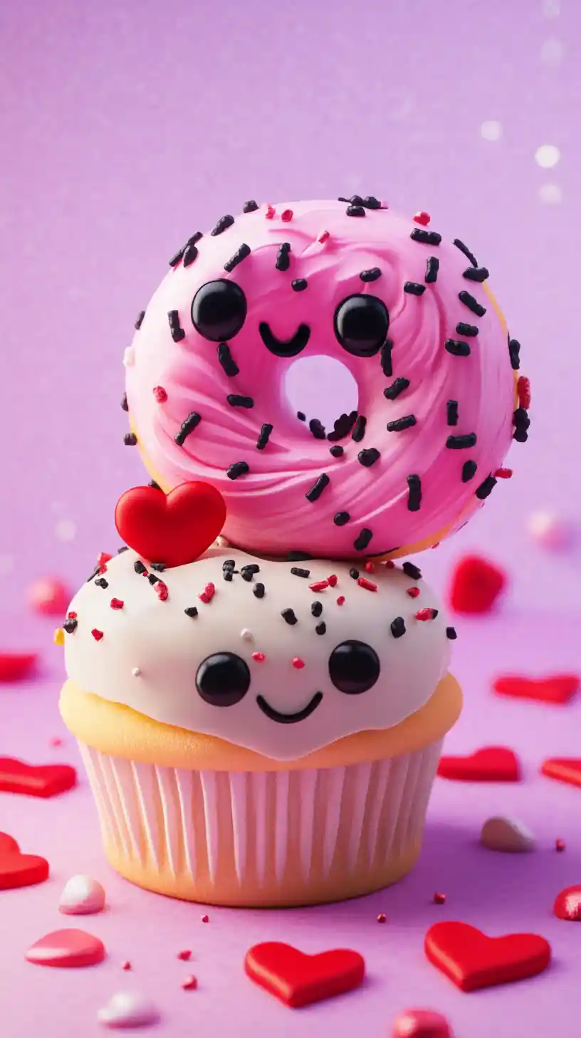 Dolci personaggi donut e cupcake su sfondo di cuori pastello