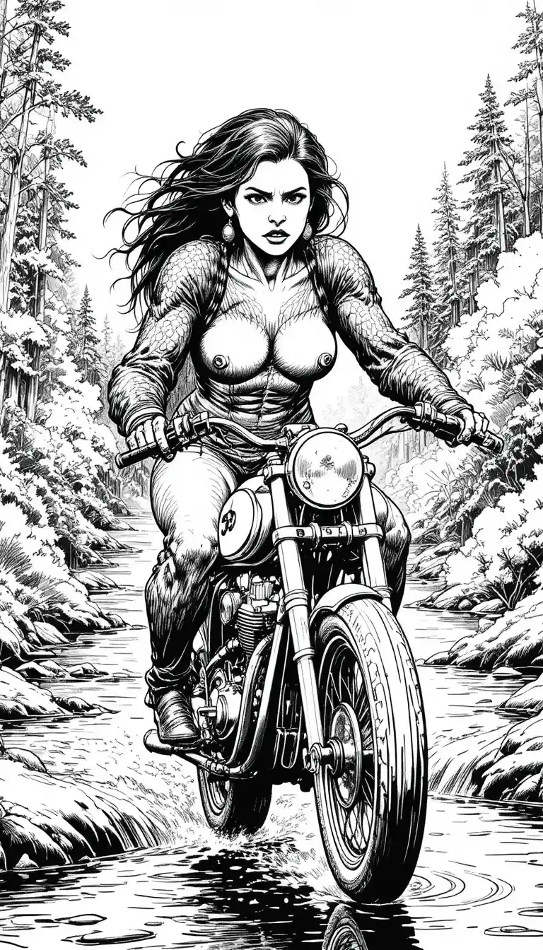 Sasquatch woman riding a custom motorcycle through a stream