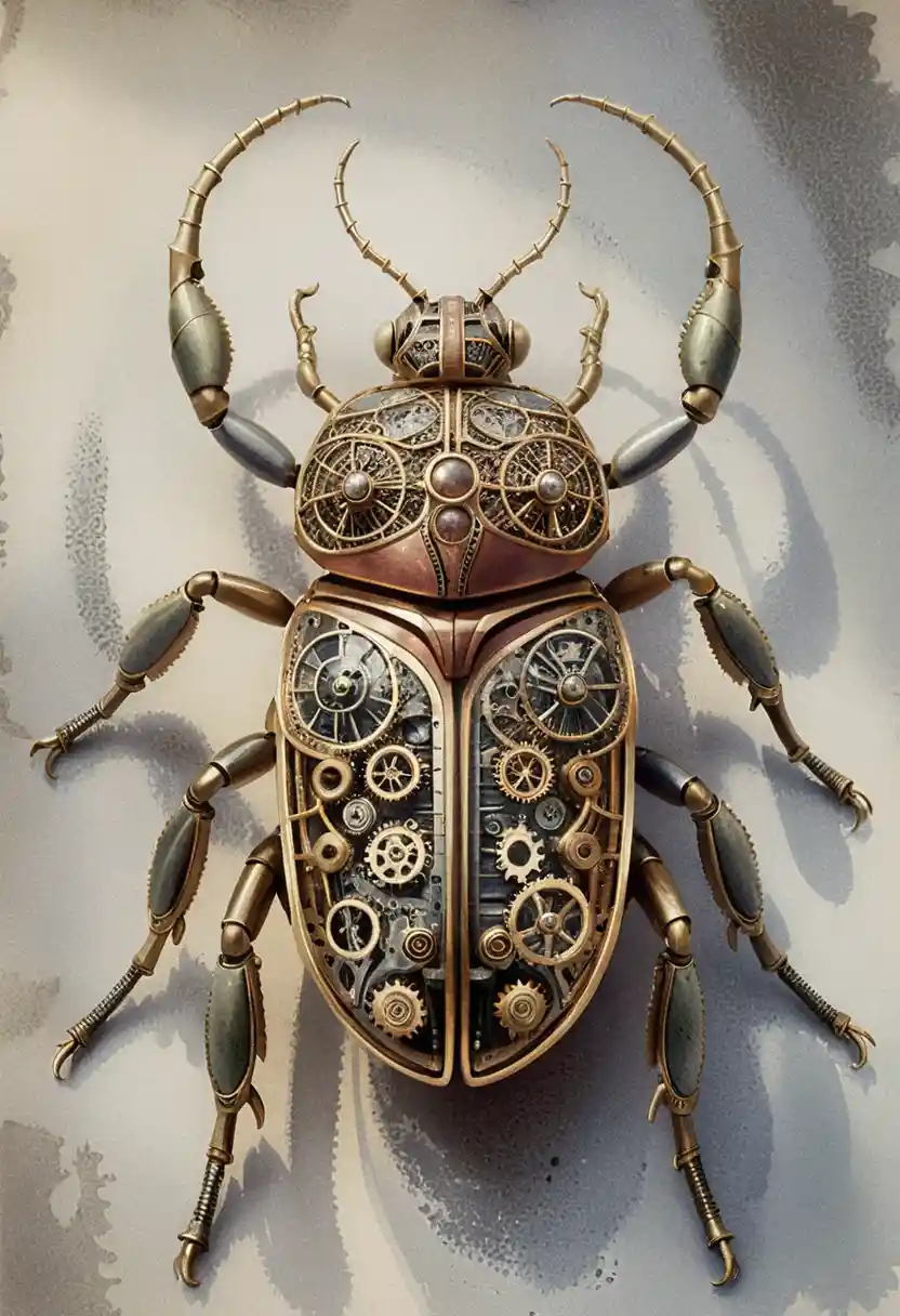 Steampunk-Skulptur eines mechanischen Käfers in symmetrischer Draufsicht