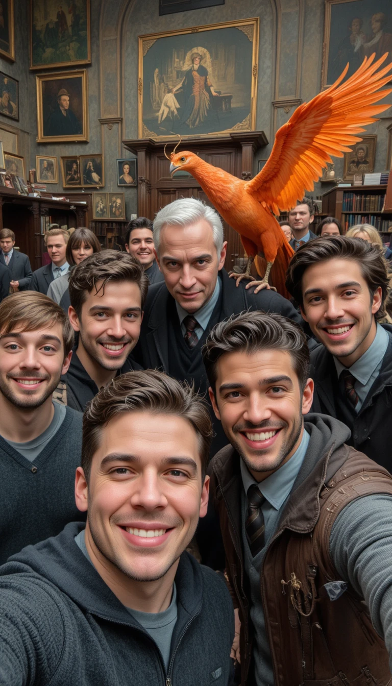 Modern visitors taking selfies in a wizard office