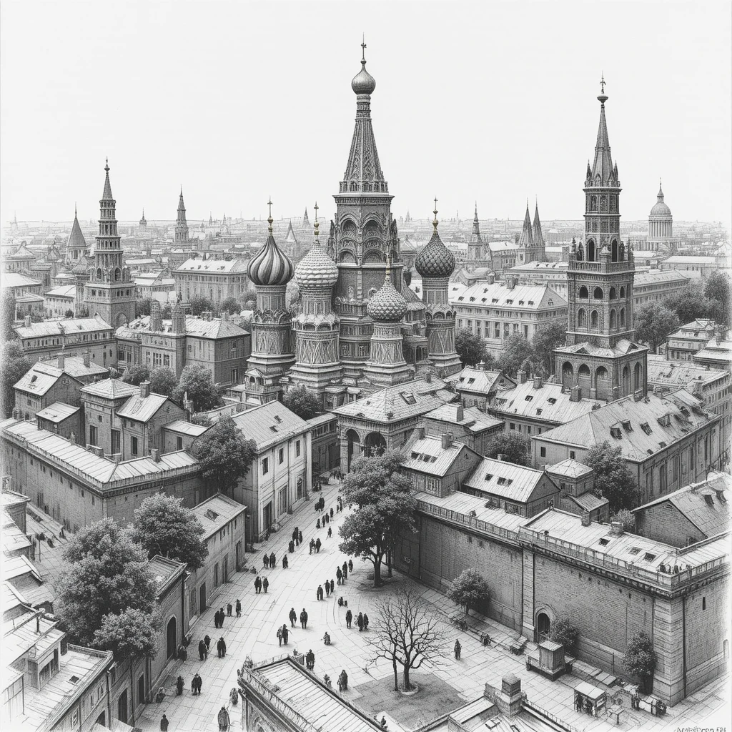 Graphite city view of Moscow with cathedral and square