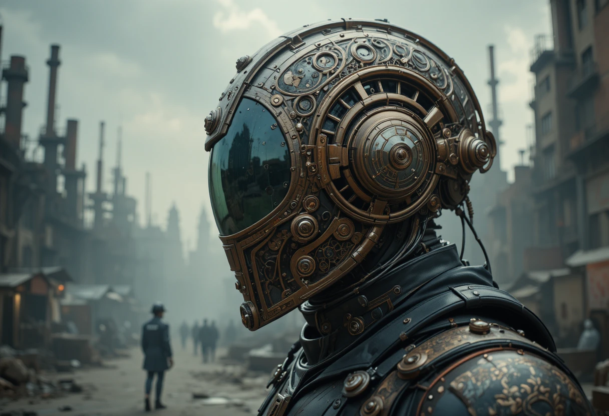 Casque Steampunk Futuriste dans une Ville Industrielle Dystopique