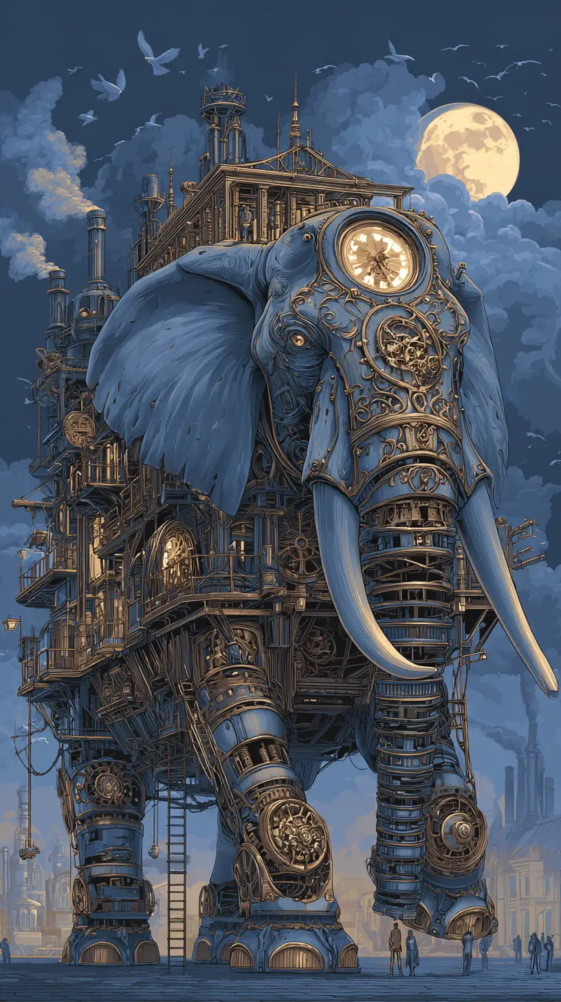 Gigante elefante mecánico steampunk bajo un cielo iluminado por la luna
