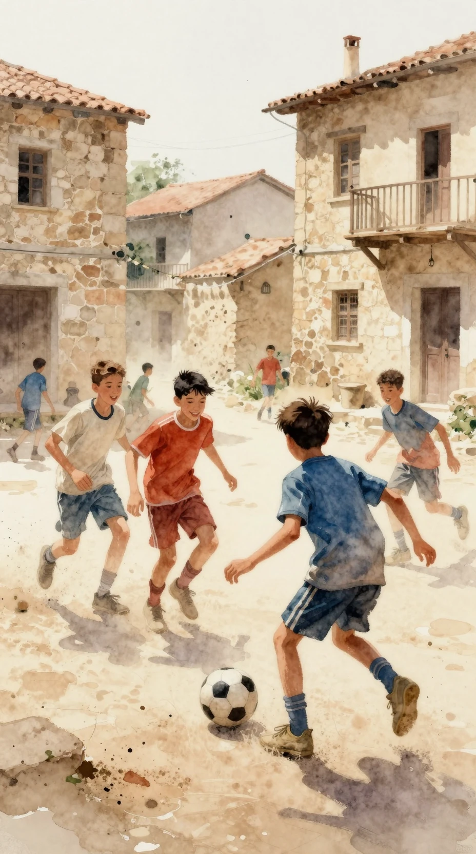Ragazzi in acquerello che giocano a calcio di strada in un villaggio polveroso