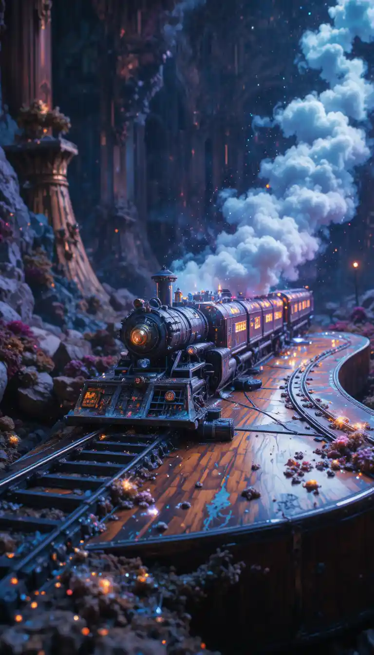Surreal guitar railway with train in dramatic fantasy light
