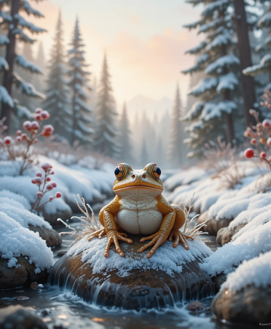 Sapo curioso em um riacho de floresta nevada ao amanhecer