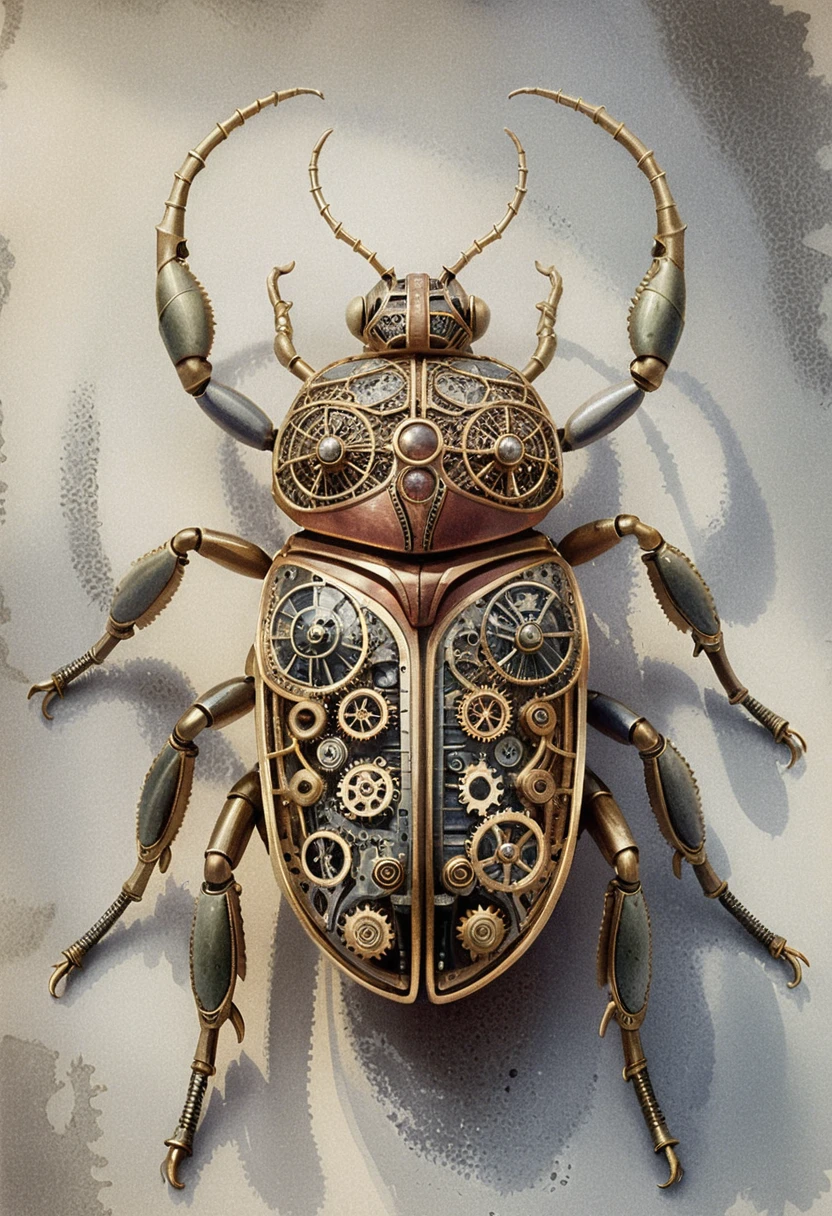 Steampunk-Skulptur eines mechanischen Käfers in symmetrischer Draufsicht