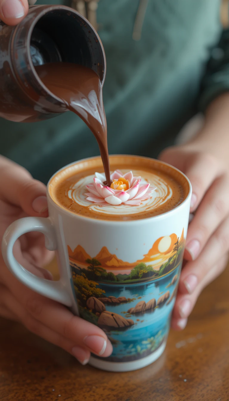 Main Versant du Chocolat dans une Tasse de Latte Art Paysage de Lever de Soleil