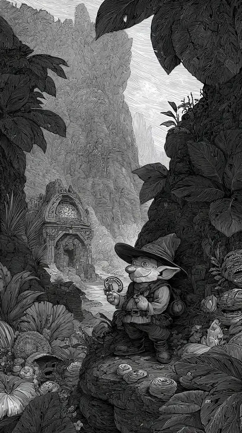 Gnomo pirata che esplora antiche rovine su un'isola tropicale