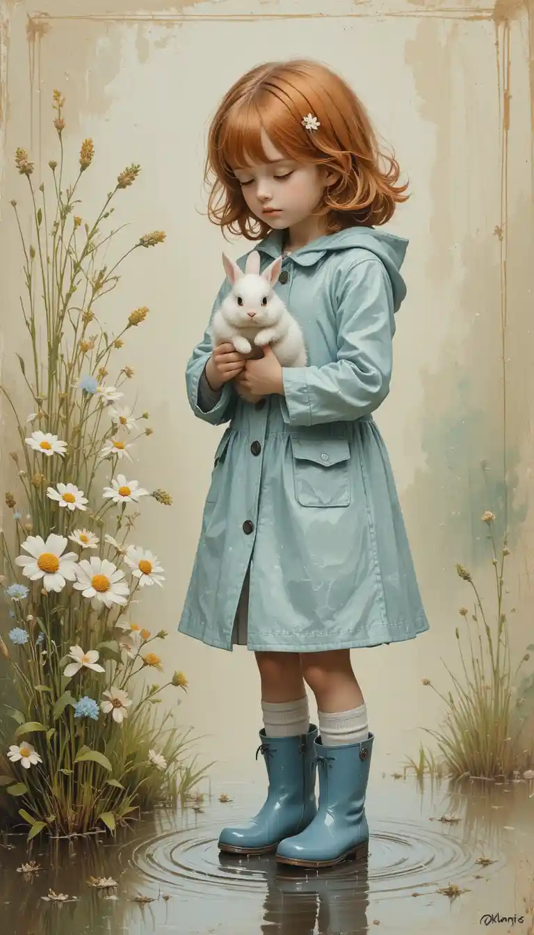青いレインコートを着て白いウサギを抱く赤髪の少女