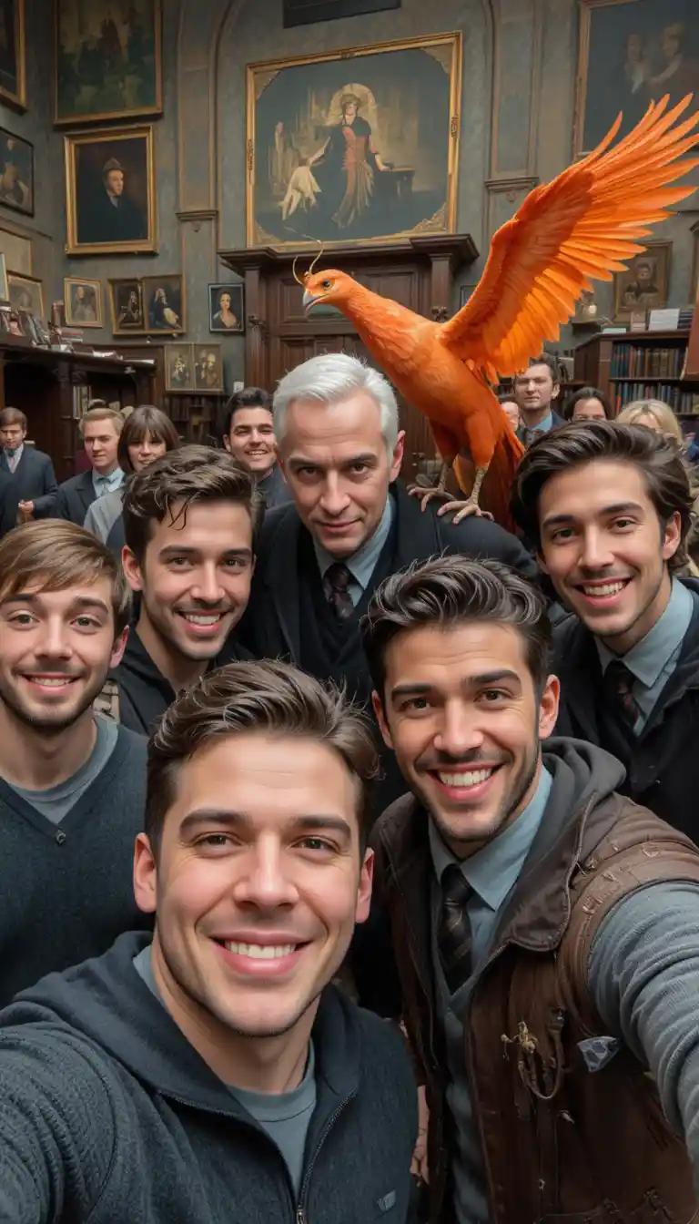 Visitantes modernos tomándose selfies en una oficina de mago