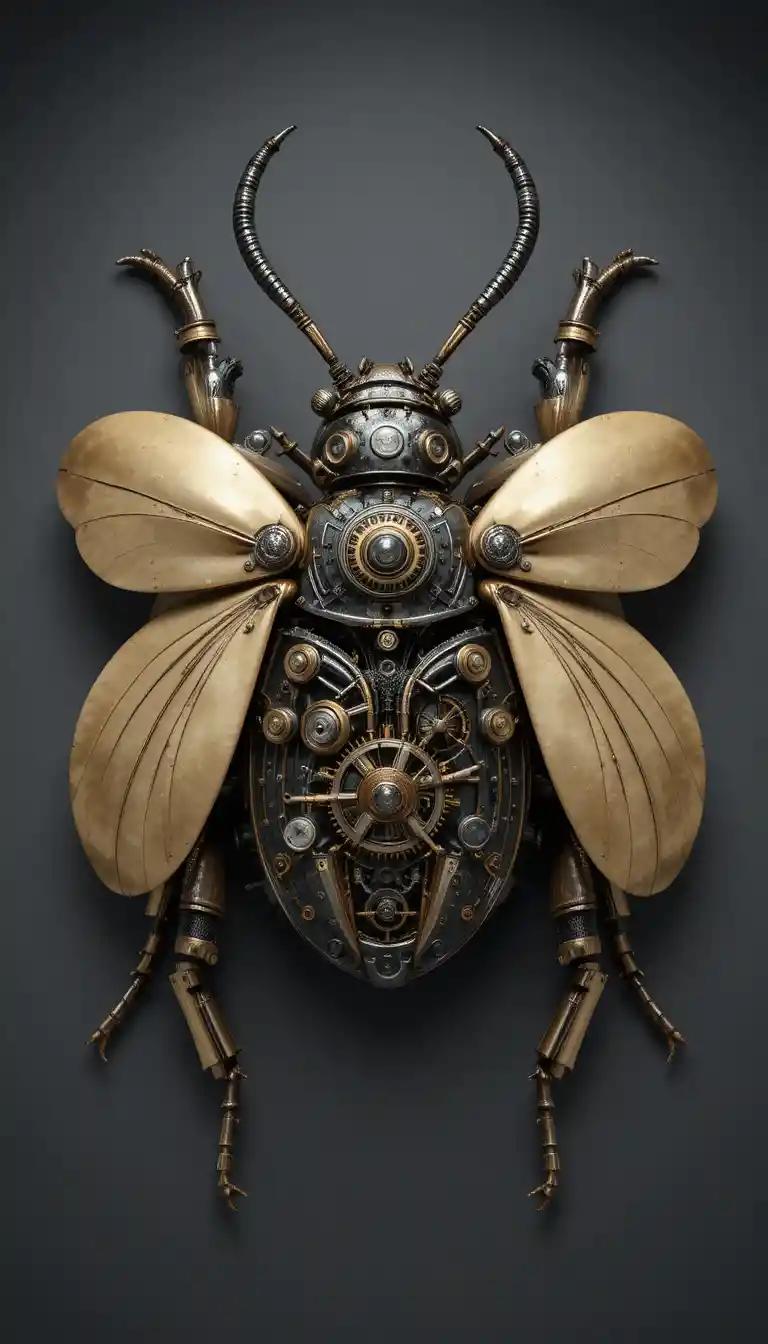 Vista cenital de una escultura de escarabajo mecánico steampunk