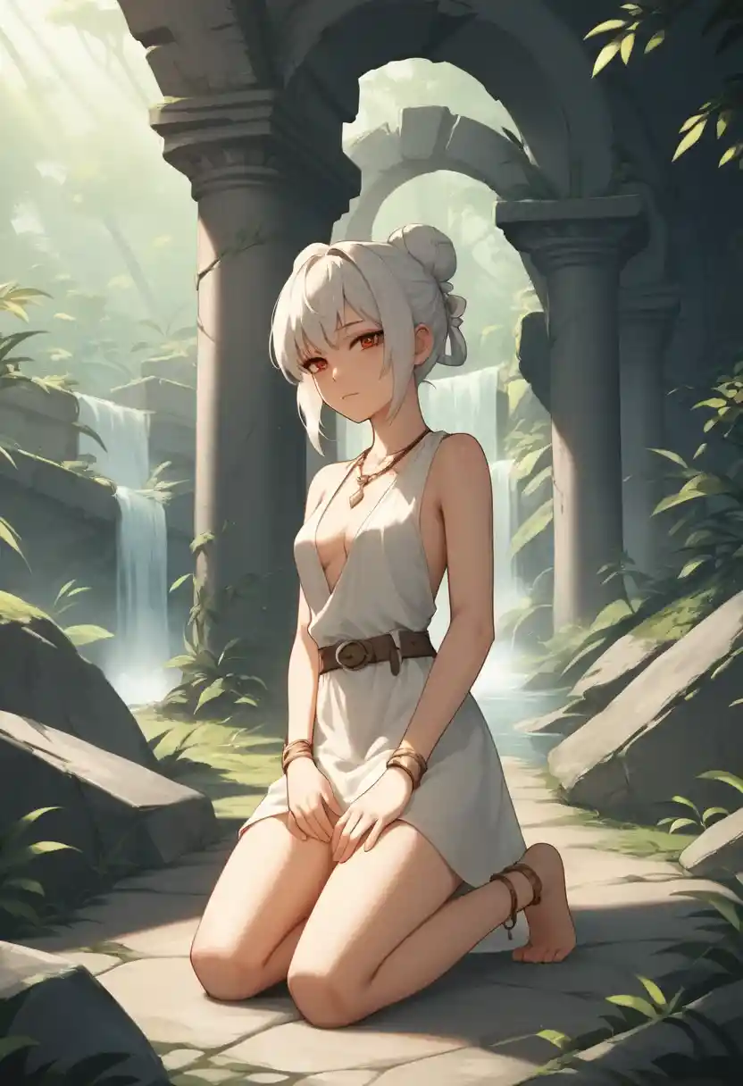 Young woman kneeling in forest ruins under warm sunlight