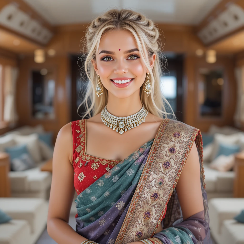 Giovane donna sorridente in sari su uno yacht colorato