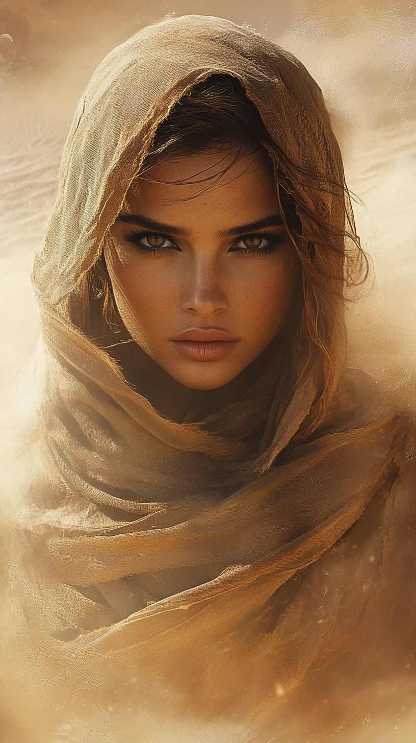 Woman in desert sandstorm with scarf and intense gaze