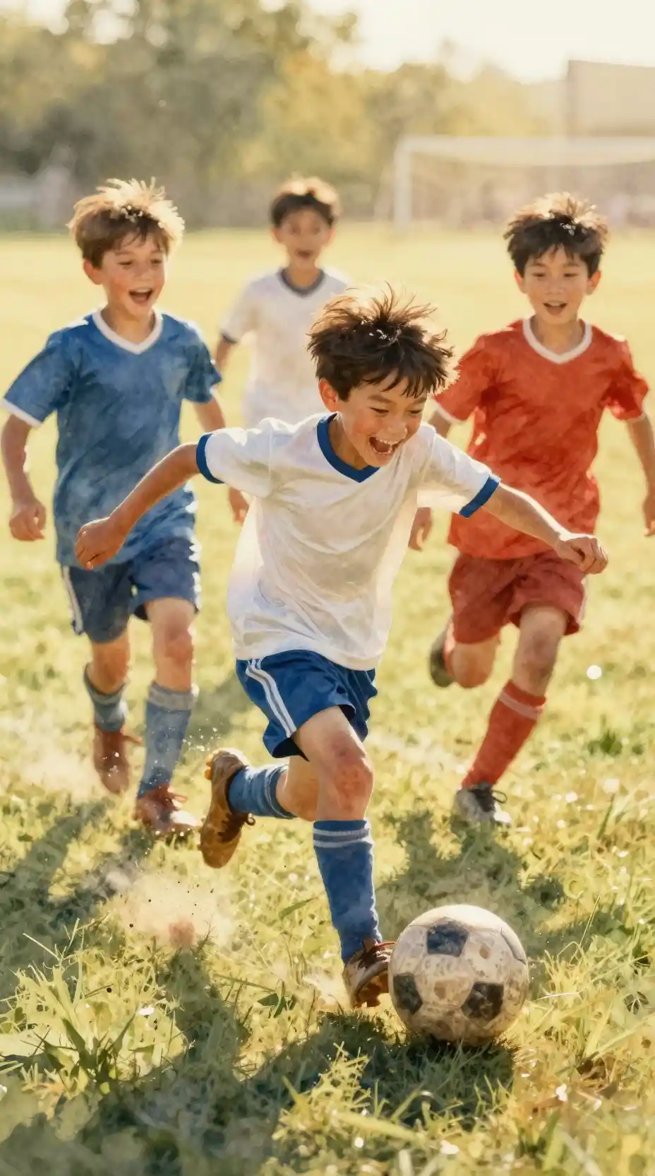 따스한 수채화 햇살 속에서 축구를 하는 네 소년