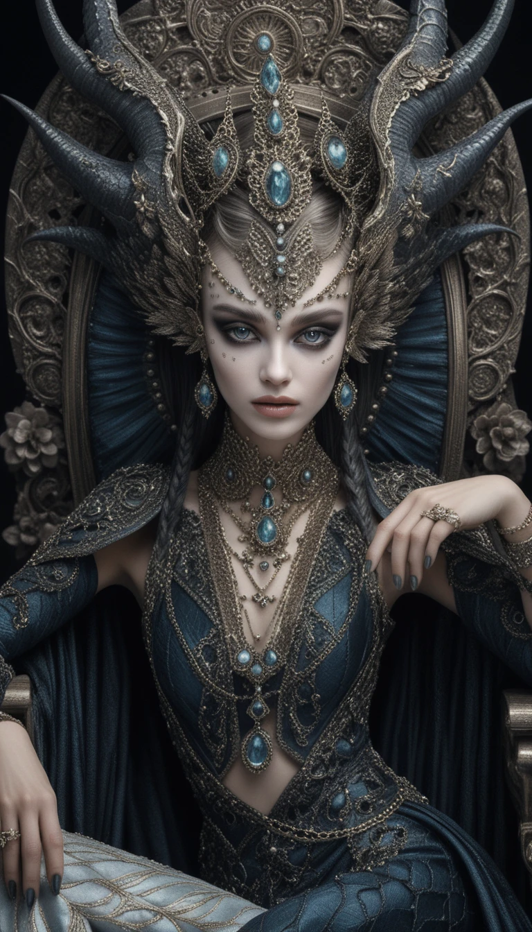 Demonic queen on baroque throne with horned dragon crown