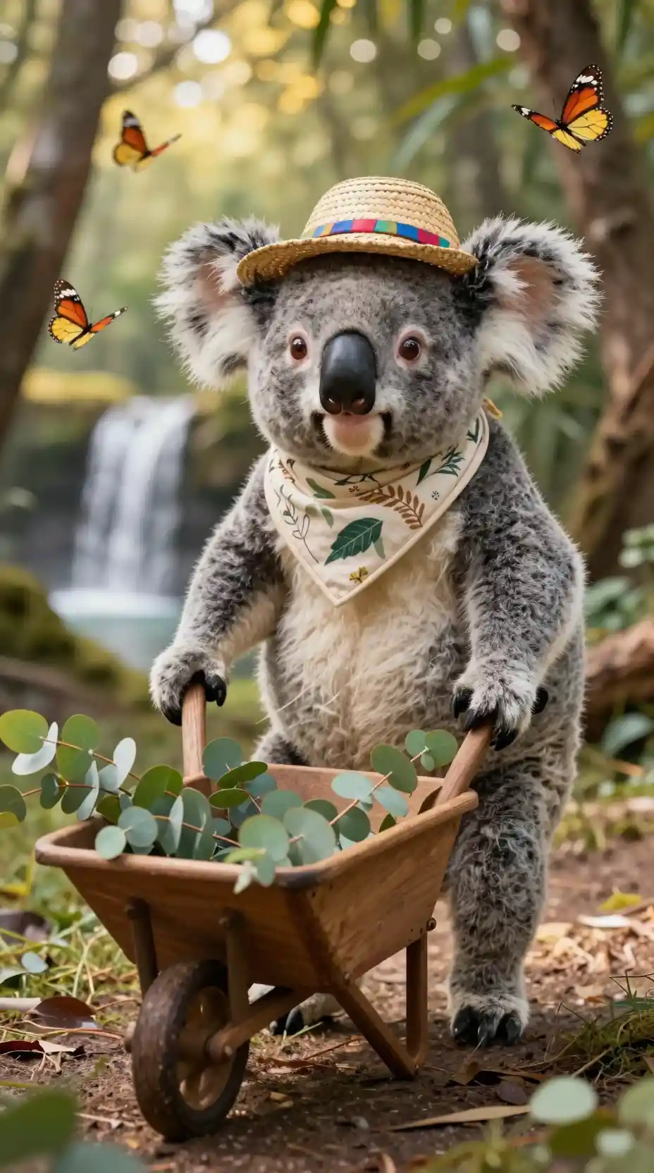 Filhote de coala alegre com carrinho de mão em floresta banhada pelo sol