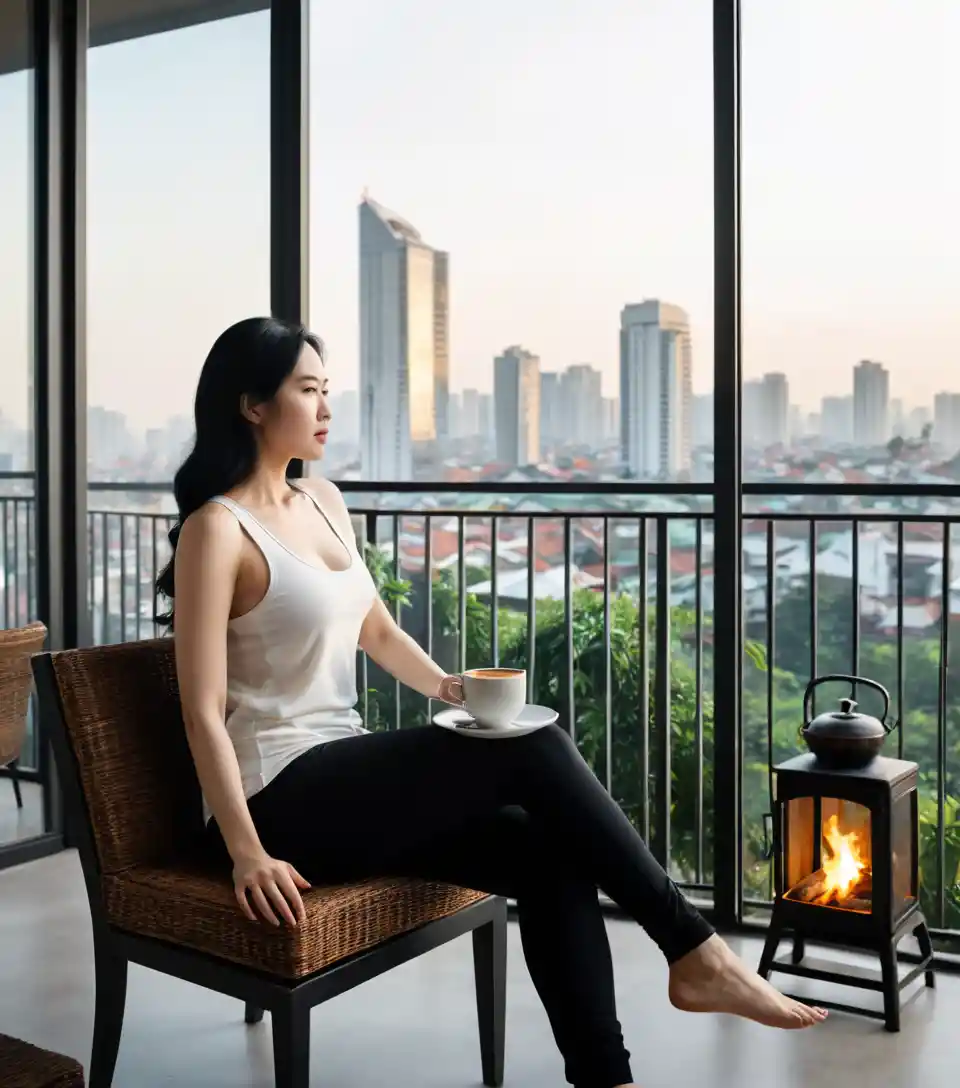 Vietnamese woman relaxing by balcony fire with coffee