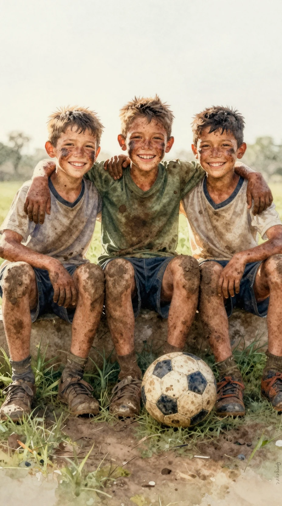 Aquarellporträt von schlammverschmierten Jungs nach dem Fußballjubel