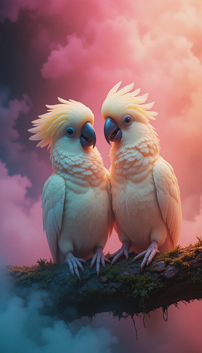 Surreal parrots in misty magenta and teal abstract haze