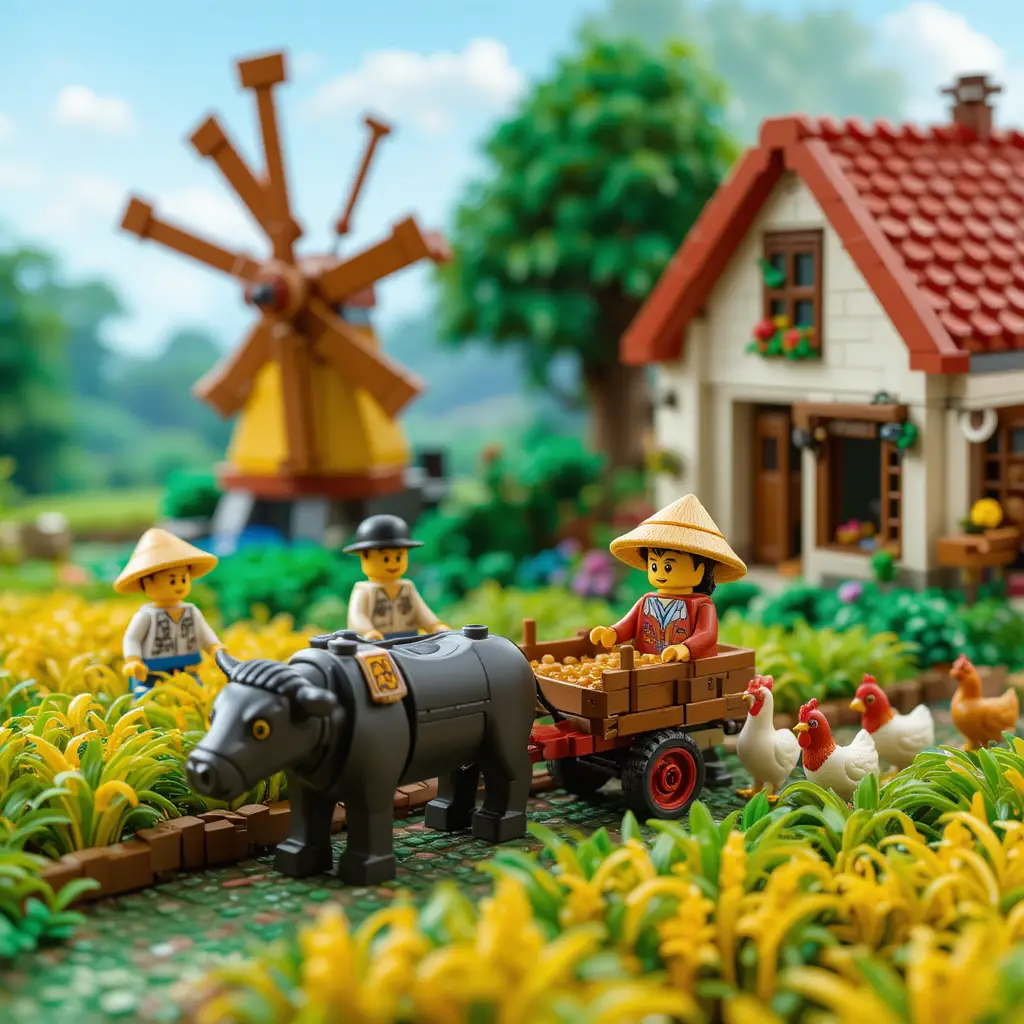 Cena colorida de fazenda no campo de Lego com fazendeiros e animais