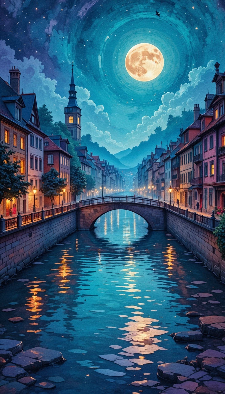 夜の古い川辺の町のロマンチックなデジタル水彩画