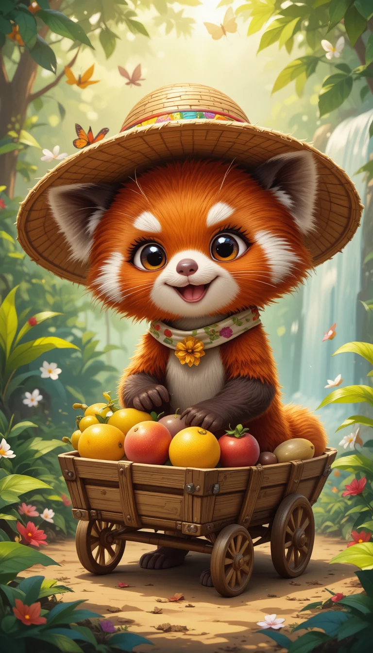 Dolce panda rosso traina un carretto di frutta in una giungla soleggiata