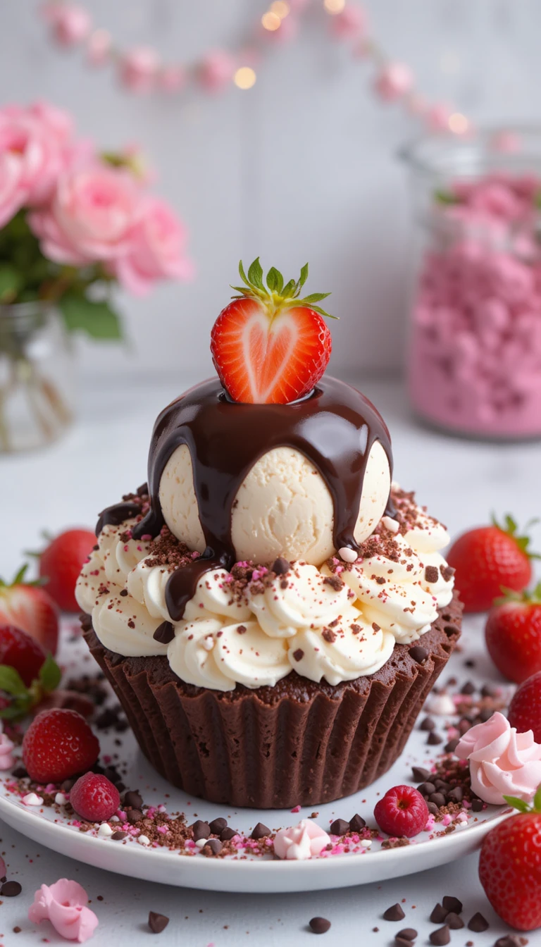 Layered chocolate cupcake dessert with ice cream and berries