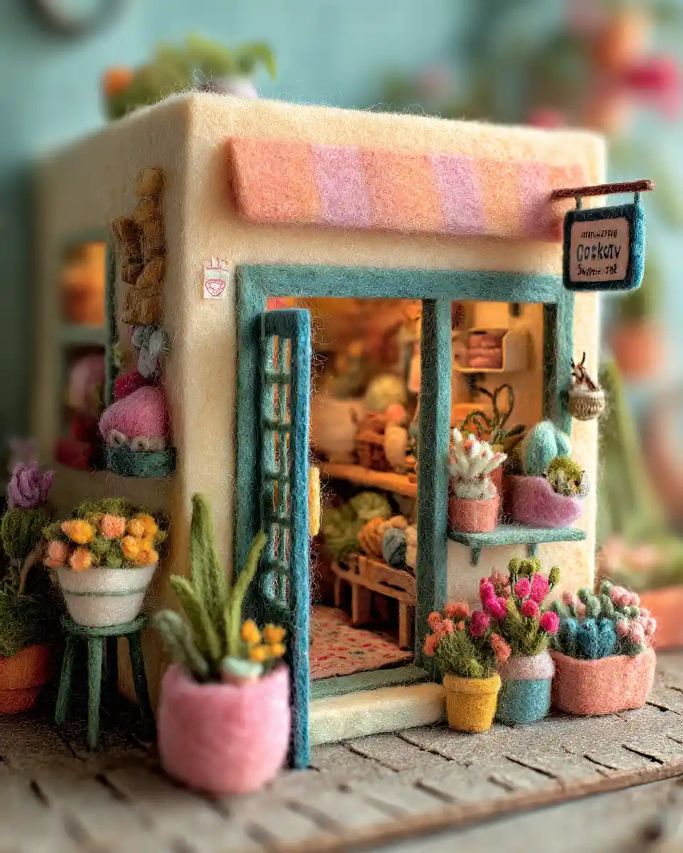Gemütliches Filz-Blumengeschäft-Interieur mit versteckten verspielten Katzen