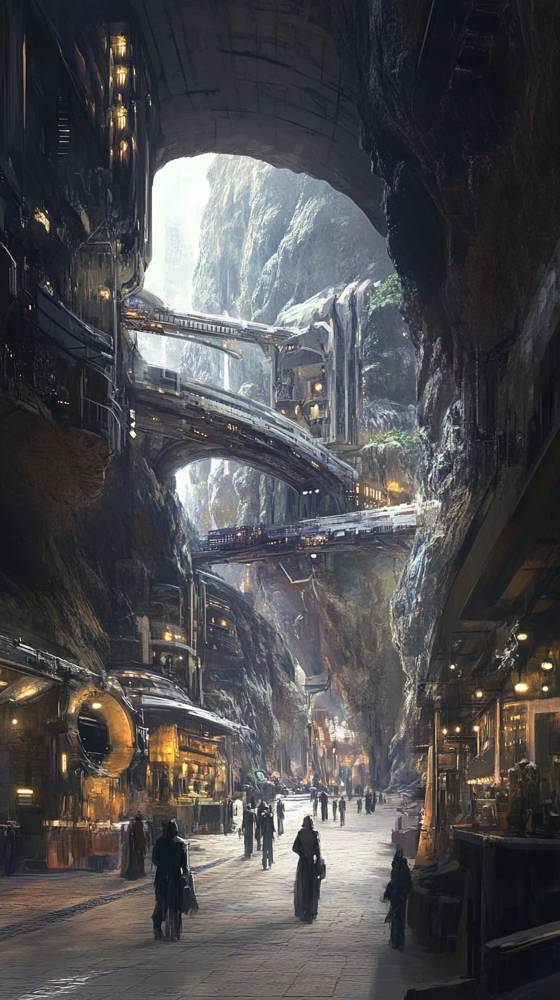 Underground futuristic city with glowing tunnels and stone arches