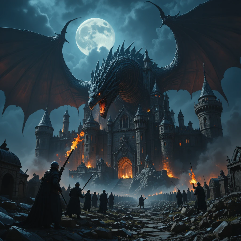 Dragão negro ameaçador atacando um castelo ao luar