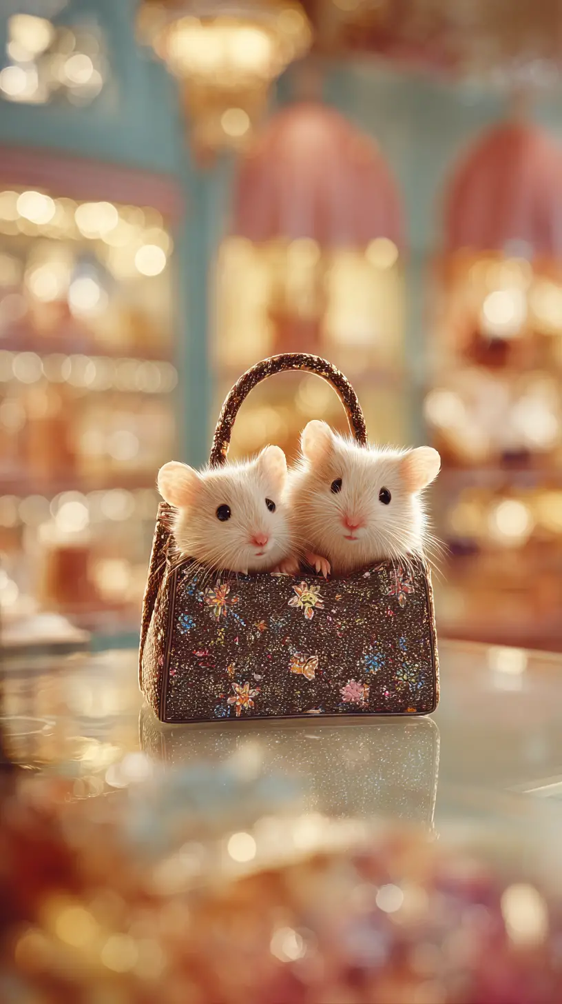 Cute mice peeking from a stylish handbag in boutique