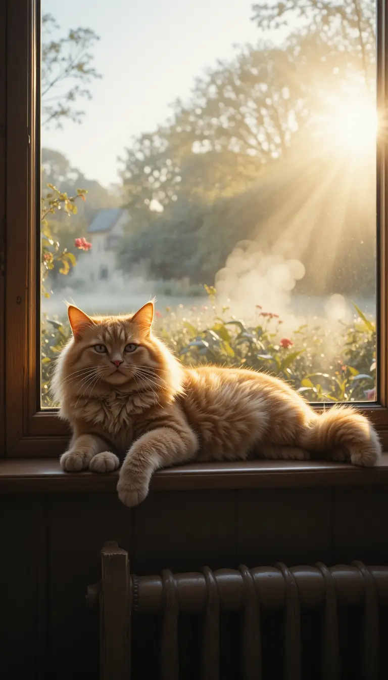 Getigerte Katze streckt sich auf einer sonnendurchfluteten Morgenfensterbank