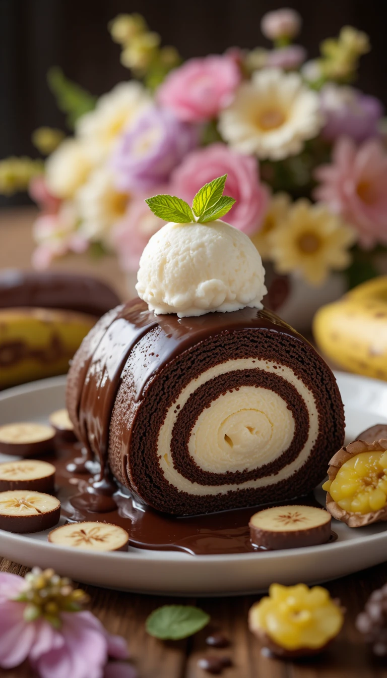 Rocambole de chocolate com sorvete de baunilha e guarnição de hortelã