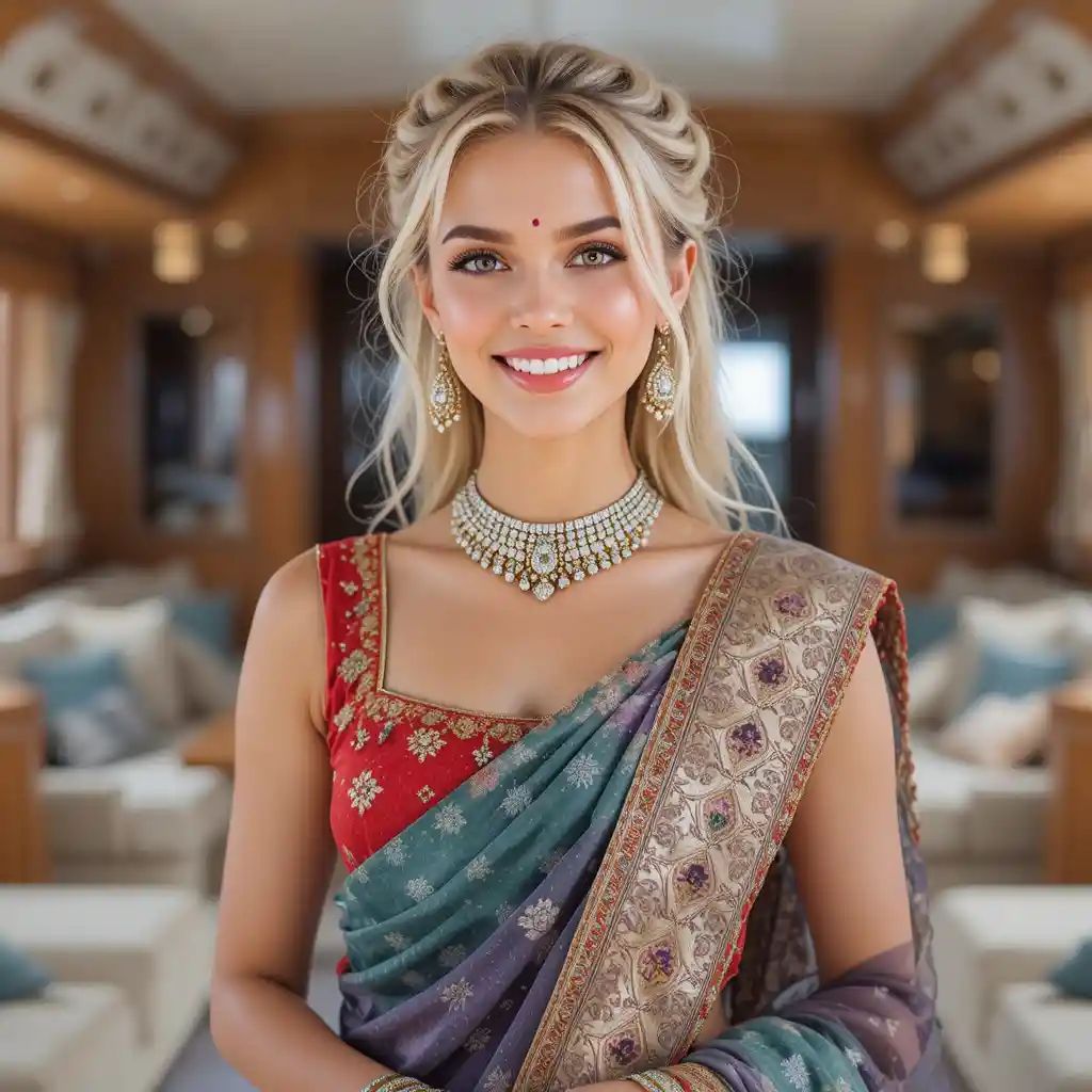 Smiling young woman in saree on a colorful yacht