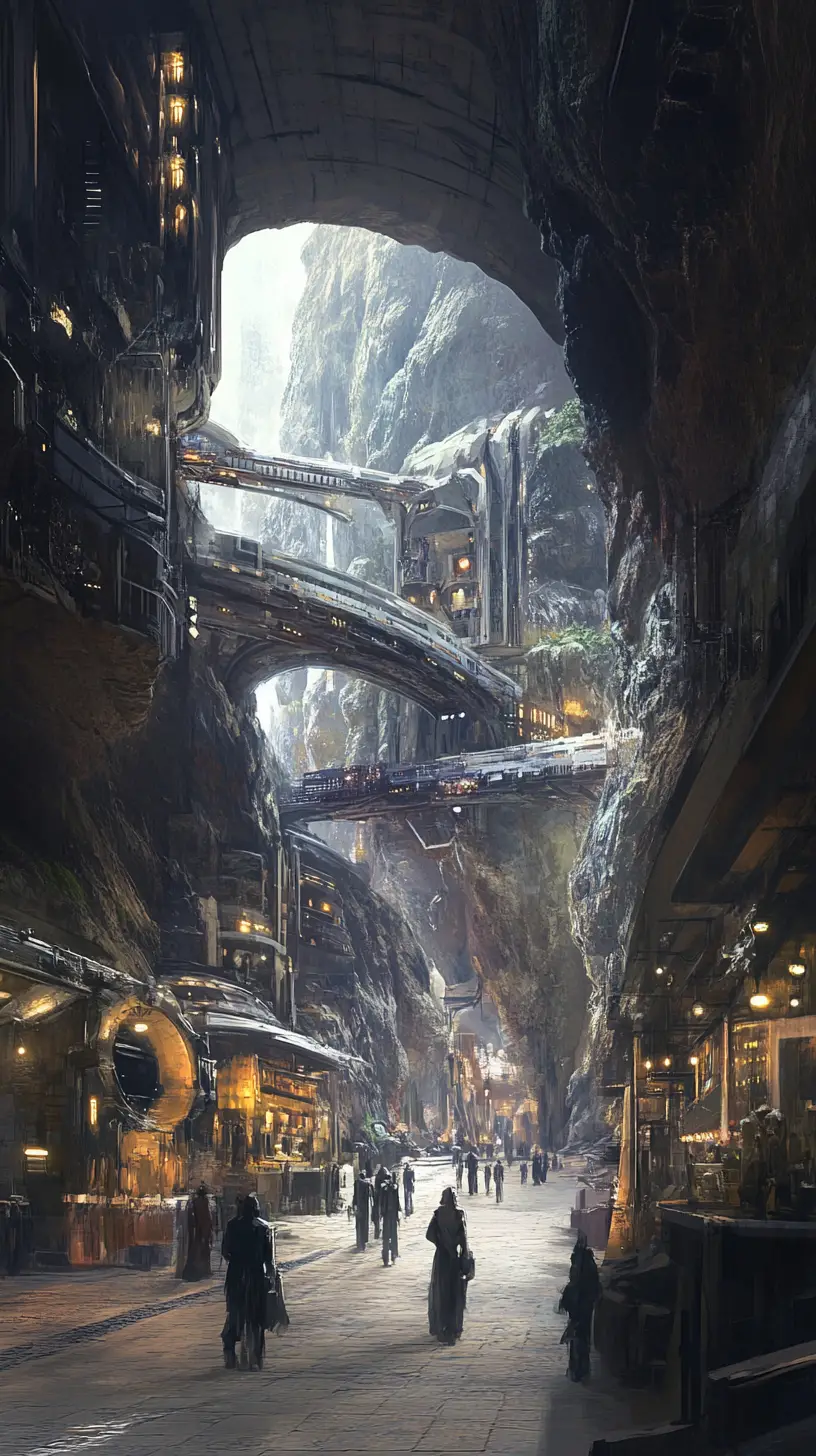Città futuristica sotterranea con tunnel luminosi e archi di pietra