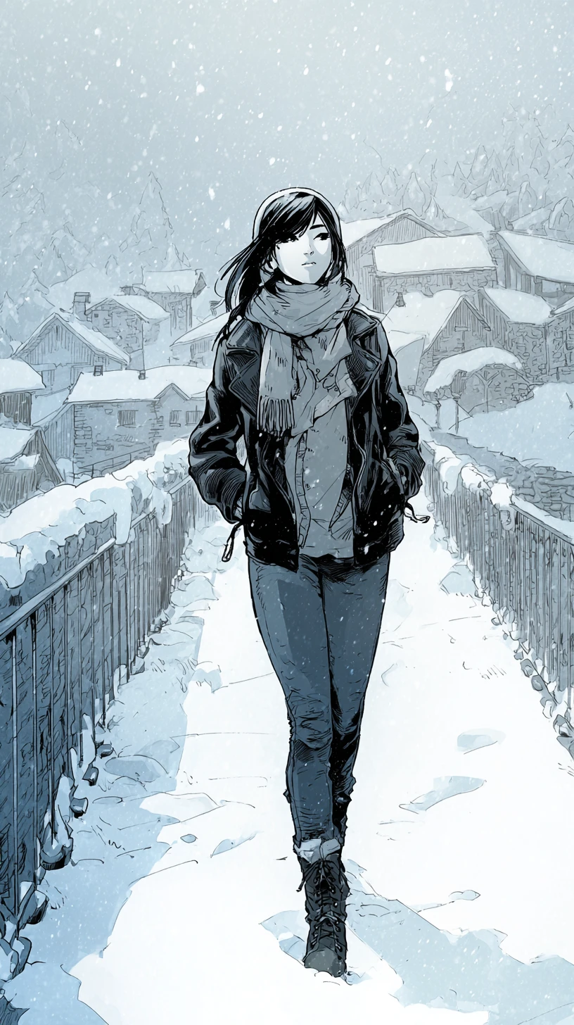 寧靜冬日小鎮上走過雪橋的少女
