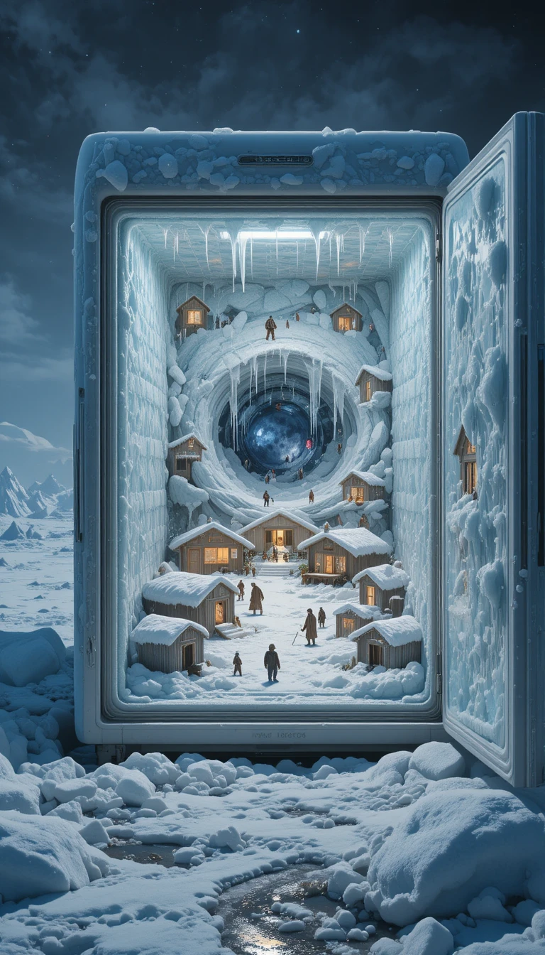 Miniature Inuit ice world inside an open freezer