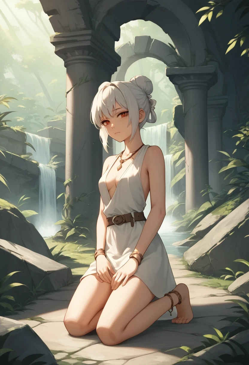 Young woman kneeling in forest ruins under warm sunlight