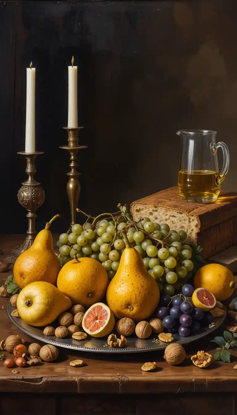 Natureza-morta holandesa com frutas, pão e taça sobre mesa de madeira
