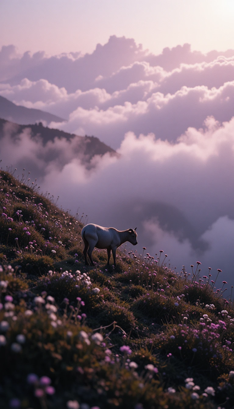 Cabrito pastando em uma encosta enevoada com flores silvestres