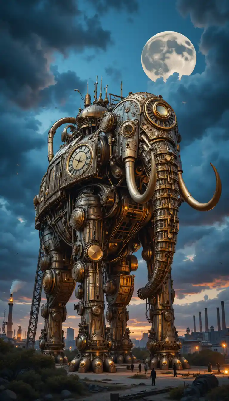 Gigantic Steampunk Mechanical Elephant Under Twilight Sky