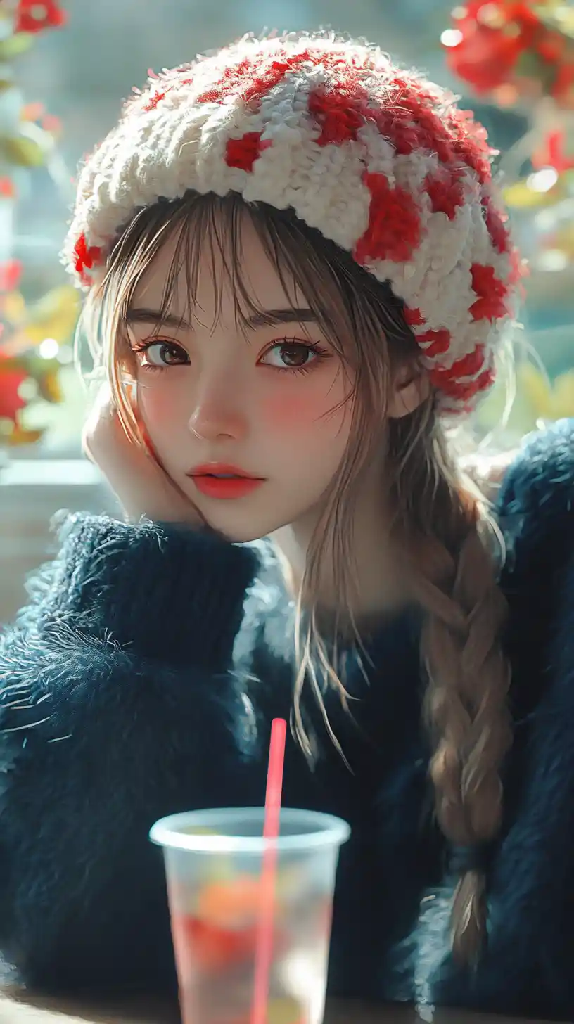 窗邊戴花卉針織帽的動漫女孩