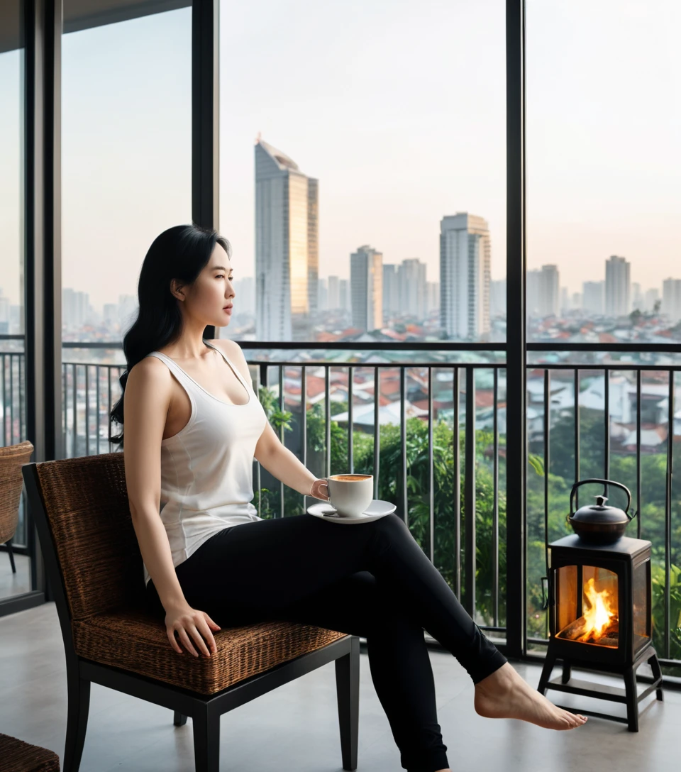 Vietnamese woman relaxing by balcony fire with coffee