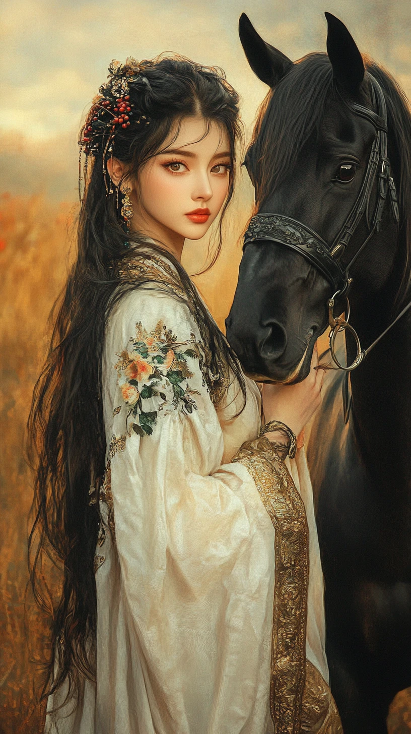 金色秋季草原中的黑馬與神祕女子