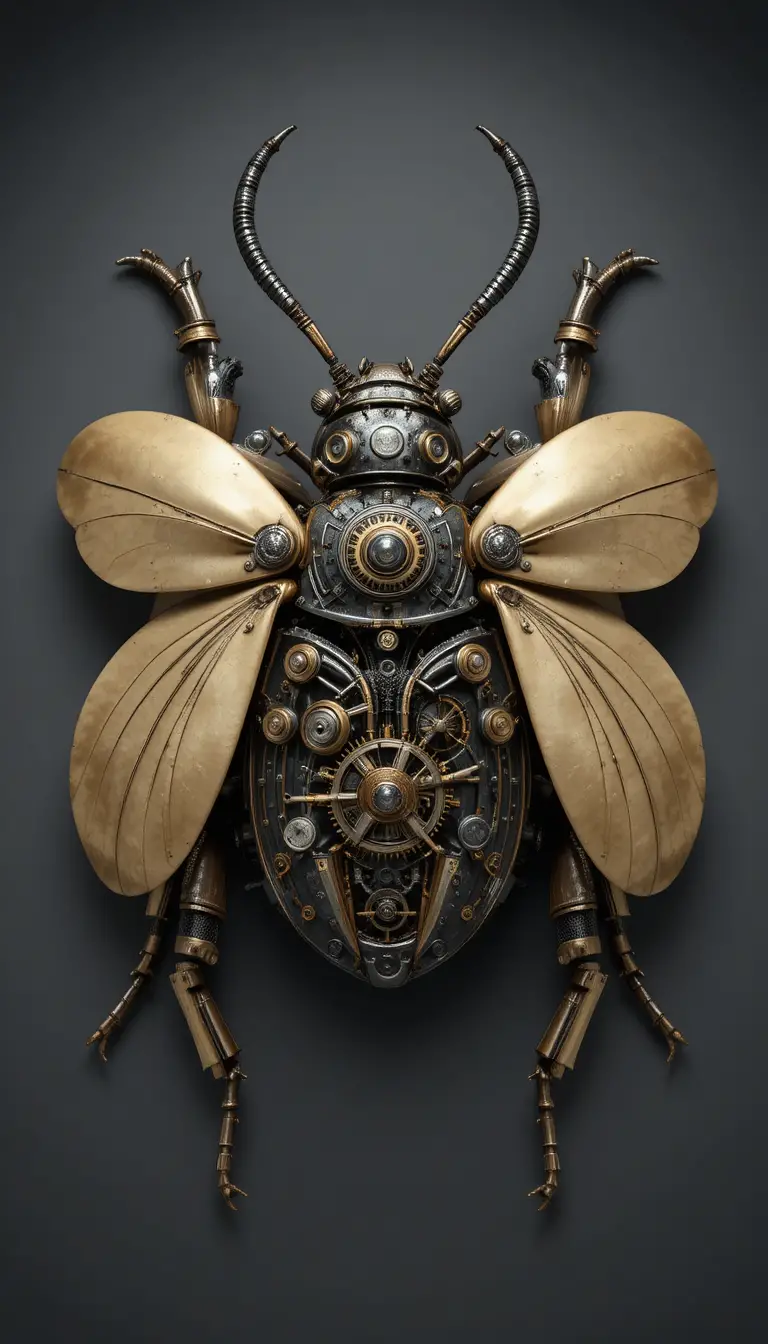 Draufsicht auf eine Steampunk-Käfer-Skulptur mit mechanischen Details
