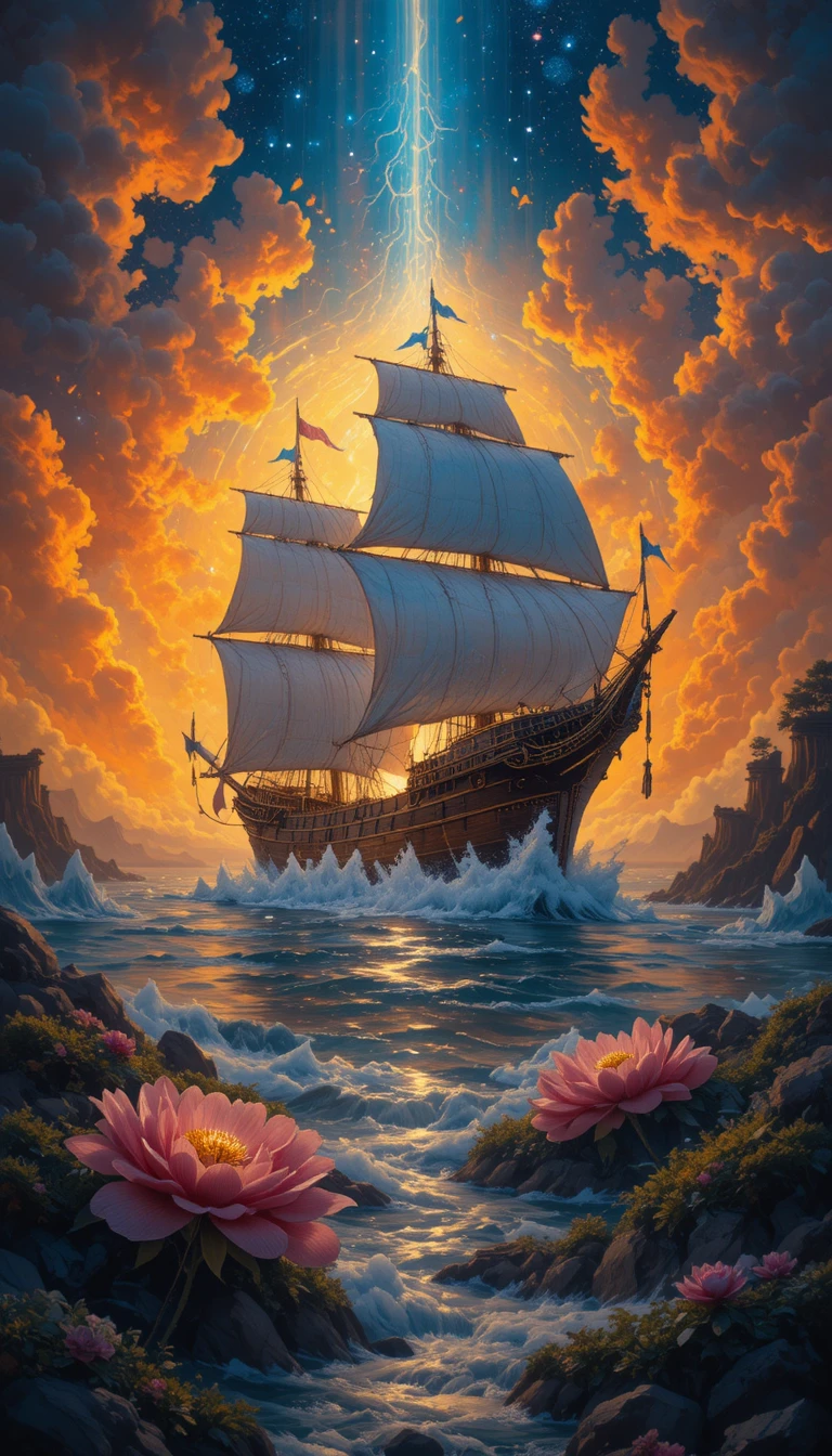 Ancient ships sail a dark fantasy seascape at sunset
