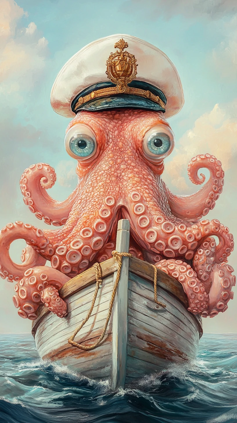 Poulpe capitaine dirigeant un petit bateau sur une mer calme